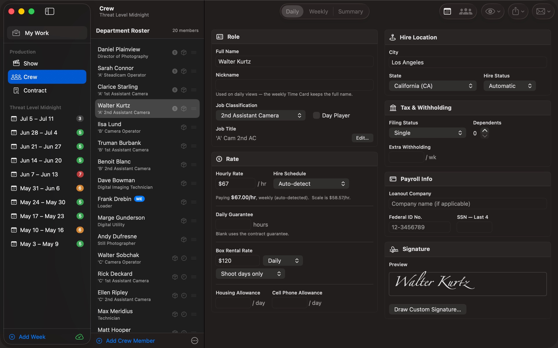TimeCardRobot crew roster with per-crew-member details on Mac