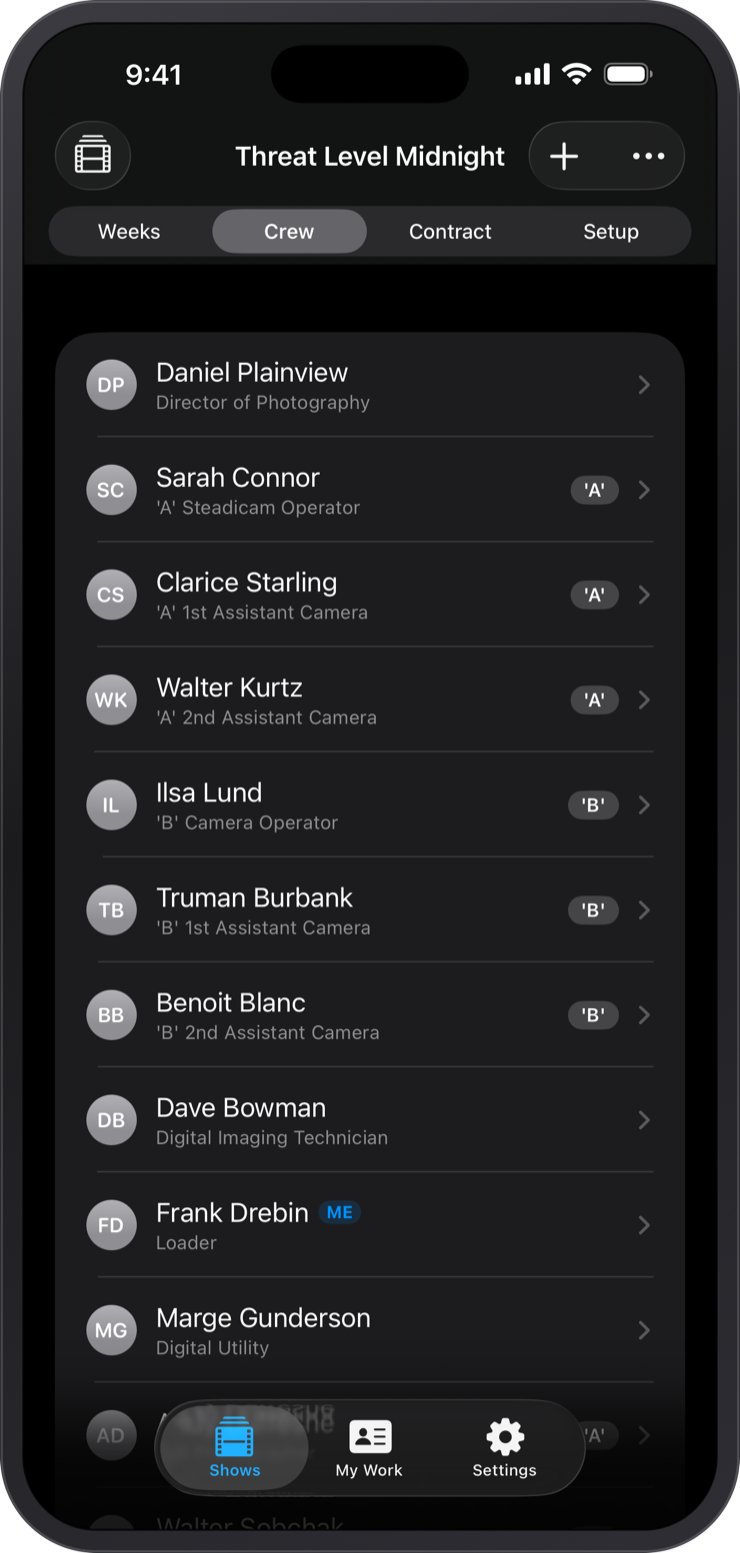 TimeCardRobot crew roster with per-crew-member details on iPhone