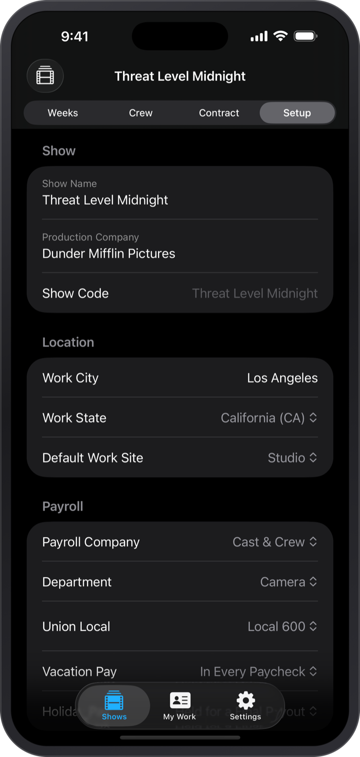 TimeCardRobot production setup — contract type, payroll company, and work location on iPhone
