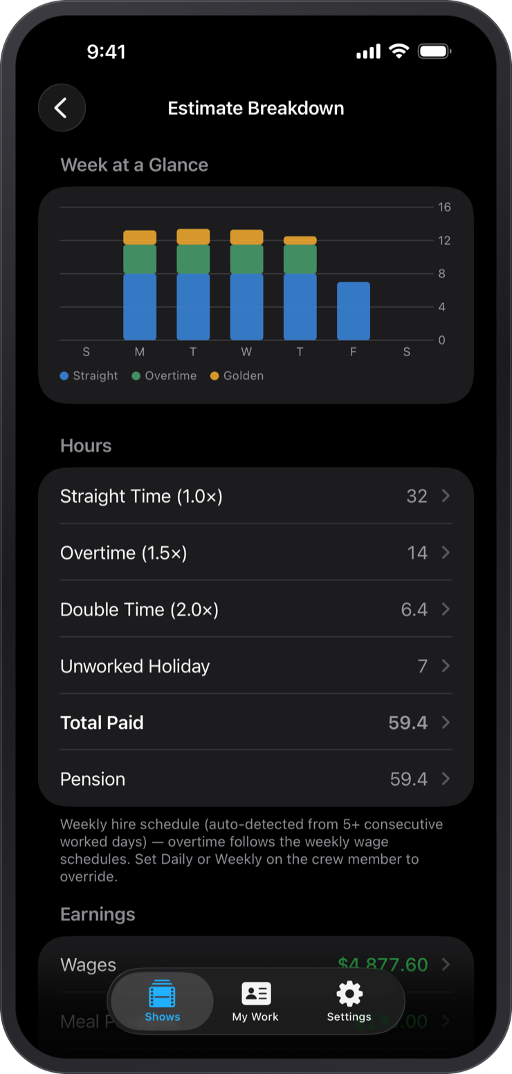 TimeCardRobot summary view with earnings, deductions, and net pay on iPhone