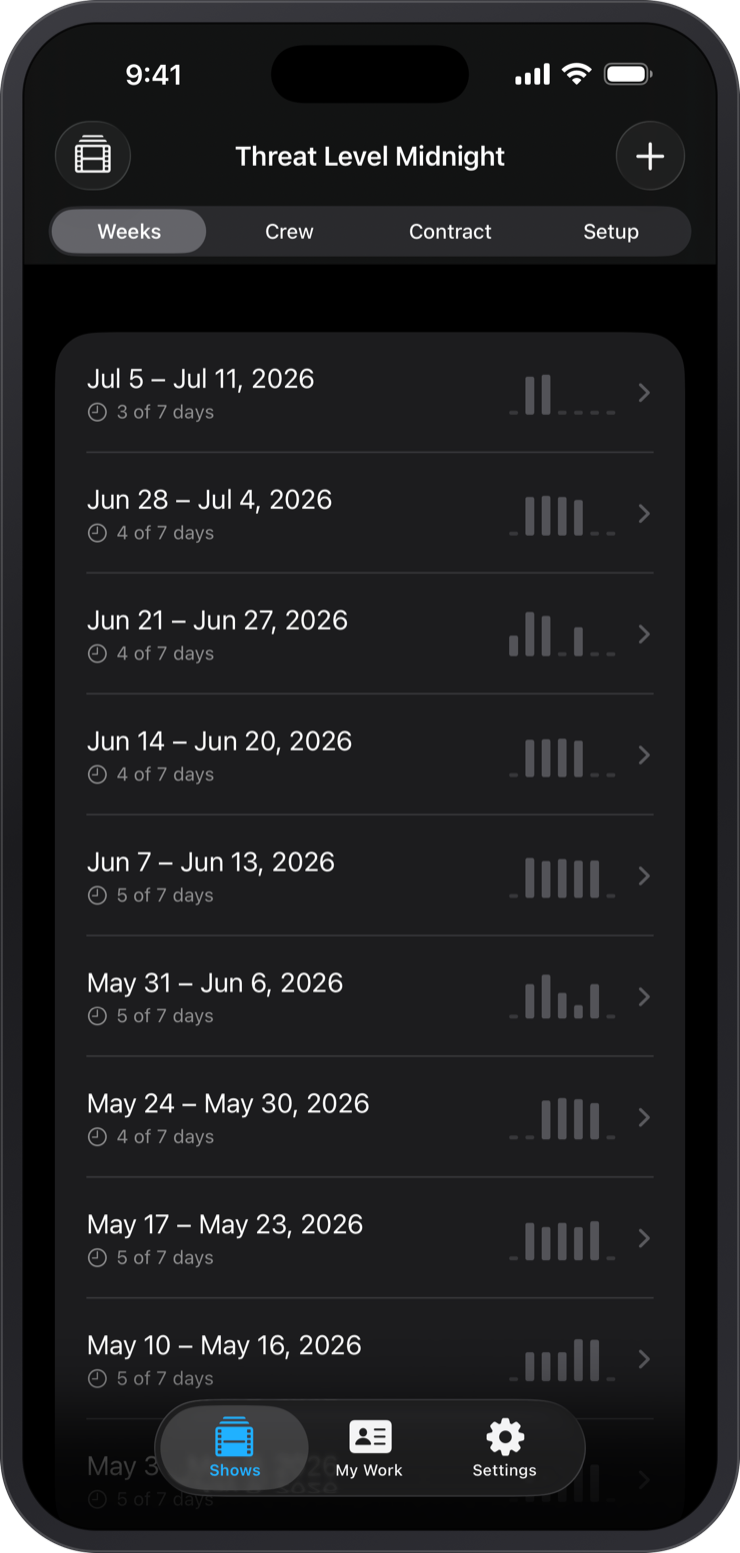 TimeCardRobot weekly per-crew breakdown on iPhone