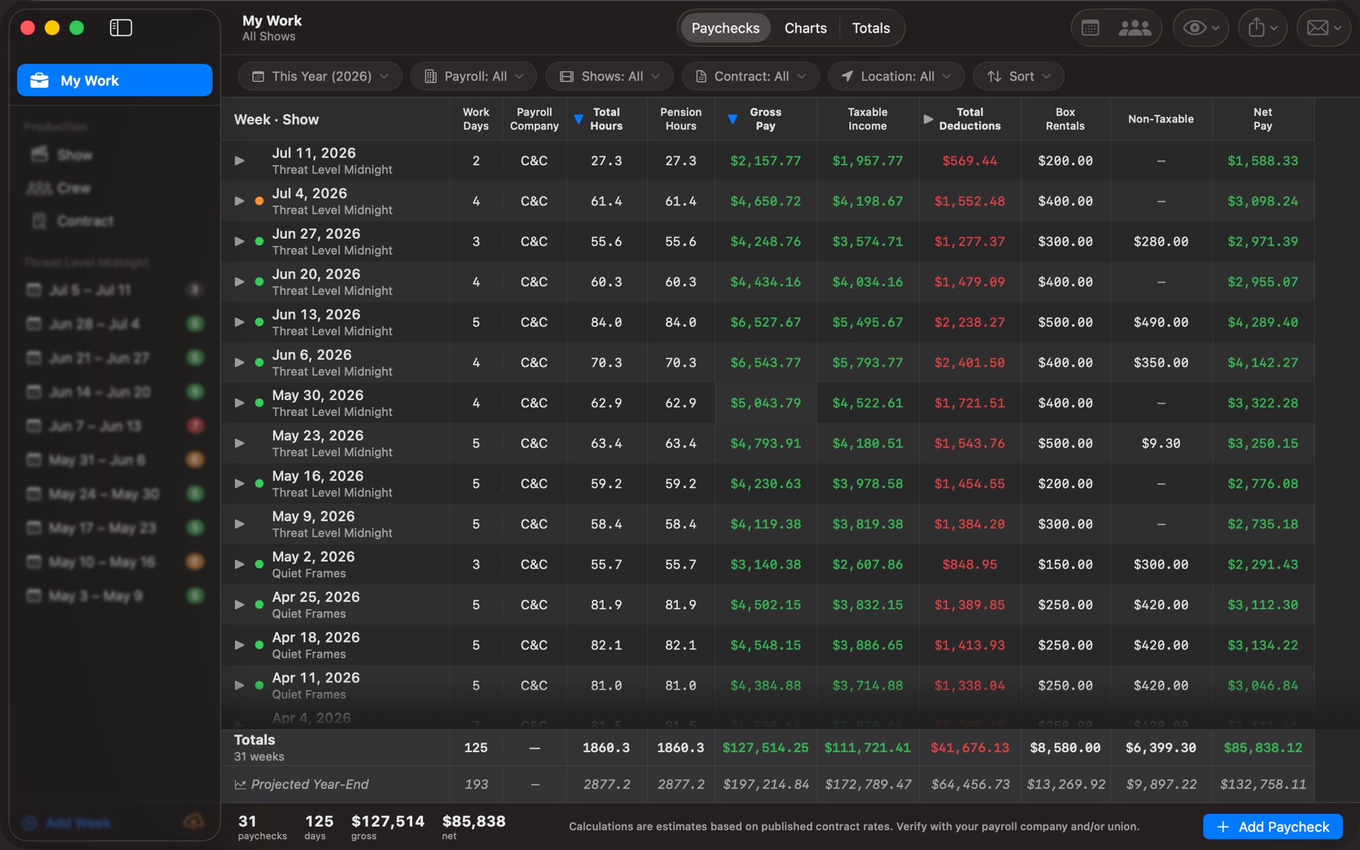 TimeCardRobot My Work — paychecks across every show, reconciled on Mac