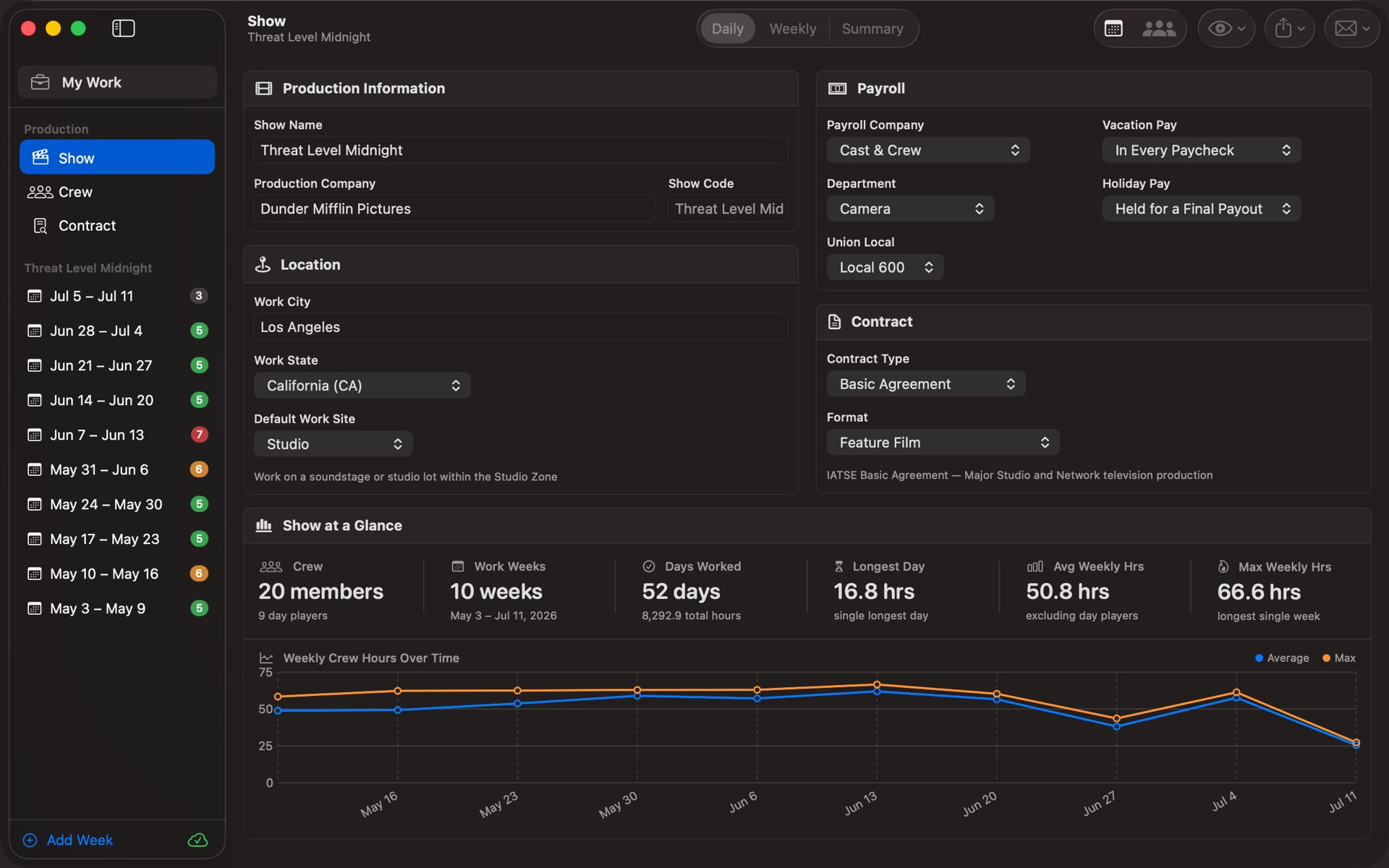 TimeCardRobot production setup — contract type, payroll company, and work location on Mac