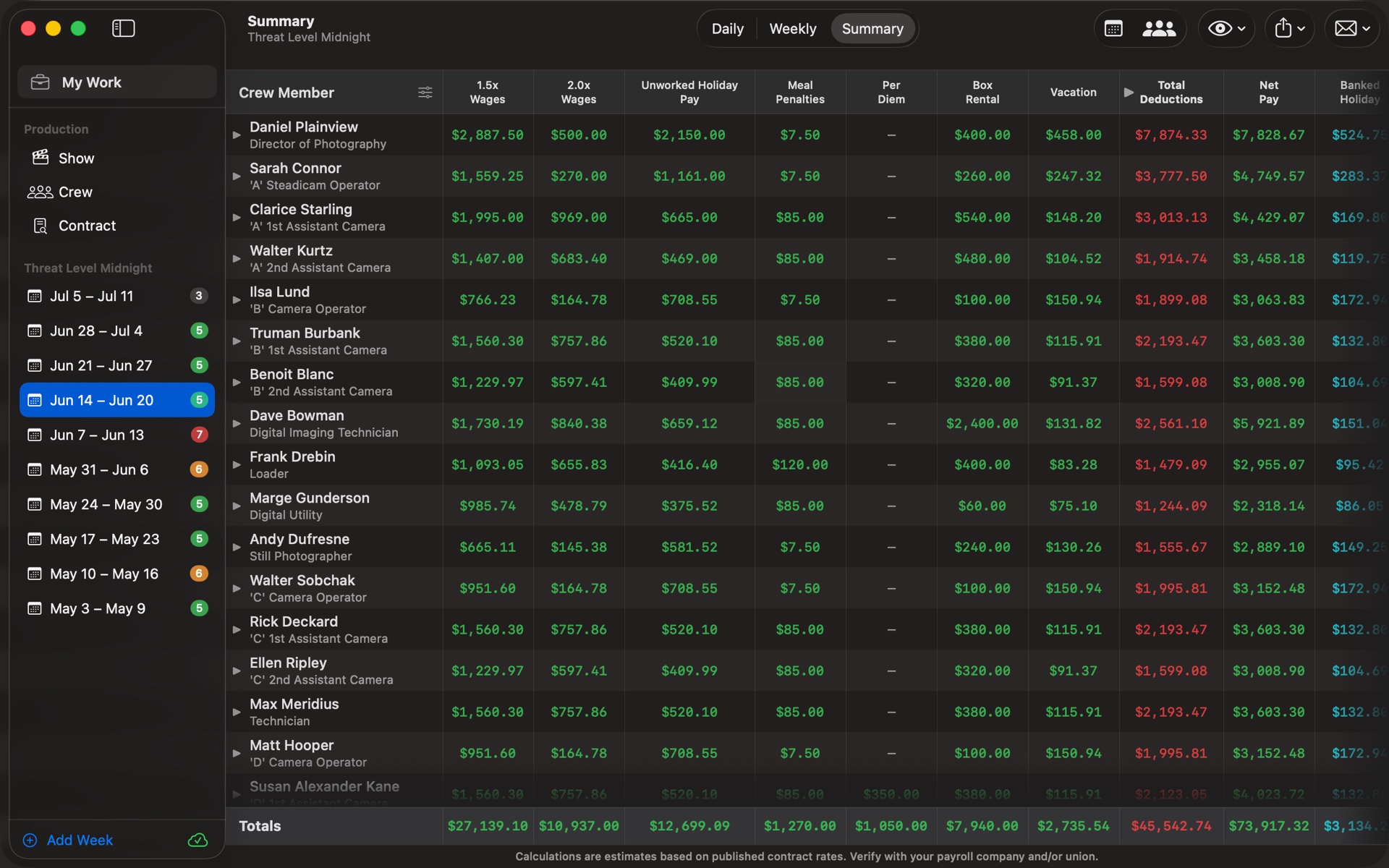 TimeCardRobot summary view with earnings, deductions, and net pay on Mac