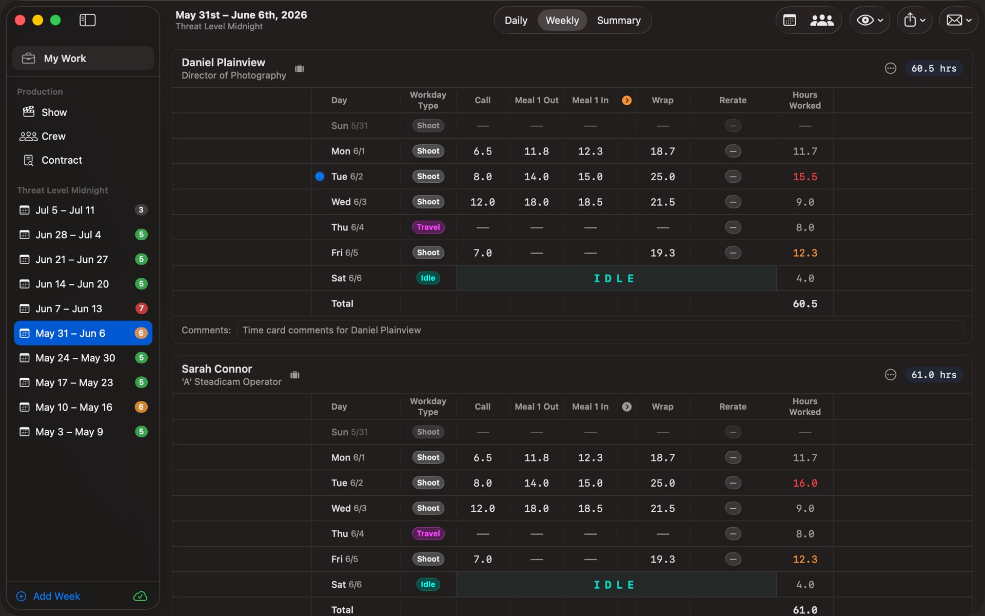 TimeCardRobot weekly per-crew breakdown on Mac